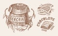 Cocoa Beans and Chocolate. Grains and bag. Vintage badge or logo set for t-shirts, typography, shop or signboards. Hand