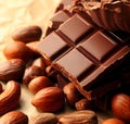 Cocoa beans and chocolate on natural paper background