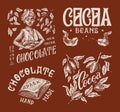 Cocoa Beans and Chocolate. Woman harvests. Vintage badge or logo for t-shirts, typography, shop or signboards. Hand