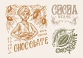 Cocoa Beans and Chocolate. Woman harvests. Vintage badge or logo for t-shirts, typography, shop or signboards. Hand