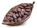 Cocoa beans with cocoa pod isolated on white background Royalty Free Stock Photo