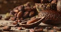 Cocoa beans and cocoa pod on wooden table Royalty Free Stock Photo