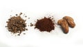 Cocoa beans, cocoa powder and grated chocolate Royalty Free Stock Photo