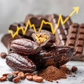 Cocoa beans, delicious pieces of chocolate bars, grains against the background of a stock chart showing rising prices.