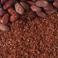 Cocoa beans and grated chocolate background Royalty Free Stock Photo