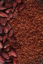 Cocoa beans and grated chocolate background on black Royalty Free Stock Photo
