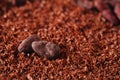 Cocoa beans and grated chocolate background Royalty Free Stock Photo