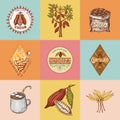 Cocoa beans and hot chocolate logos. modern vintage badges for the shop menu. Seeds of fruit on the plantation