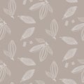 Cocoa beans outline seamless pattern. Chocolate taupe background.