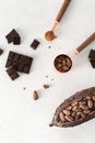 Cocoa beans and cocoa pod with cocoa powder on a white concrete background. Top view, flat lay. Organic food, natural chocolate