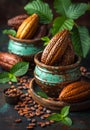 Cocoa beans and cocoa pod in rustic bowl on wooden table Royalty Free Stock Photo