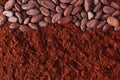 Cocoa beans and powder background