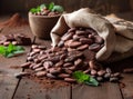Cocoa beans and powder in bag on brown wooden table chocolate pieces in the background Royalty Free Stock Photo