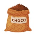 Cocoa beans sack. Cacao powder in bag, chocolate dessert, sweets, drinks and pastry food ingredient cartoon vector