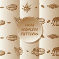 Cocoa beans seamless pattern vector illustration. Cocoa leaves, browny cake and chocolate sketch. Engraved vintage style