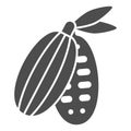 Cocoa beans solid icon, Chocolate festival concept, Cocoa pod sign on white background, cacao bean with leaves icon in