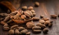 Cocoa beans on wooden background