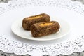 Cocoa, biscuit, sugar cake. Russian dessert`Potato` Royalty Free Stock Photo