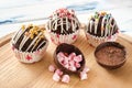 Cocoa bombs are black chocolate shells filled with cocoa powder and marshmallows