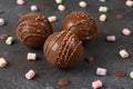Cocoa bombs with marshmallows, chocolate that melts when hot milk is added for creating a trendy tasty drink
