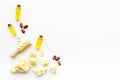 Cocoa butter as ingredient for natural cosmetics. White background top view copy space