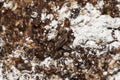 Cocoa butter and cocoa liquor melt, top view, texture. Basic ingredients for making chocolate at home. Close-up of chopped food, Royalty Free Stock Photo