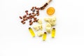 Cocoa butter for skin care. White background top view copy space