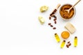 Cocoa butter for skin care. White background top view copy space