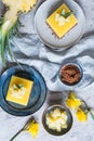Cocoa cake with creamy pineapple pudding layer, topped with pineapple slices Royalty Free Stock Photo