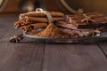 Cocoa and chocolade on wooden table. Royalty Free Stock Photo