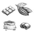 Cocoa and chocolate set. Hand drawn sketch drawings. Chocolate bar and pieces, cocoa pod and cocoa beans bag.