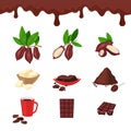 Cocoa and chocolate, vector cartoon design elements and icons set. Royalty Free Stock Photo