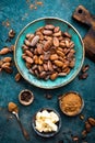 Cocoa. Cocoa beans, dark bitter chocolate chunks, cacao butter and cocoa powder Royalty Free Stock Photo