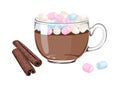 Cocoa with colored marshmallows in glass transparent cup