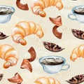 Cocoa, croissant, chocolate watercolor seamless pattern