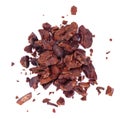 Cocoa crumb. Peeled cacao beans, isolated on white background. Roasted and aromatic cocoa beans, natural chocolate. Top