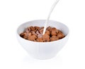 Cocoa crunch cornflakes with milk on white