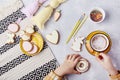 Cocoa dreams and cookie delights. Tradition cookies decoration by kid flat lay