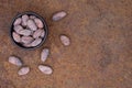 Cocoa flat lay  concept with raw cocoa beans in  clay bowl  on iron  background Royalty Free Stock Photo