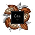 Cocoa frame. Vector superfood drawing template. Fruit, leaf and bean engraving. Organic healthy food