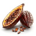 Cocoa fruit opened to reveal seeds and pods, showcasing the rich texture and natural colors