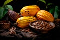 Cocoa fruit pods, cocoa beans and leaves on a black background