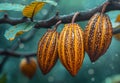 Cocoa Fruits hanging on the tree Fresh cocoa pod cut exposing cocoa seeds with water drops Royalty Free Stock Photo