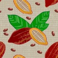 Cocoa fruits and leaves. Whole fruit, cut, cocoa beans. Chocolate. Grunge texture. Textile background. Seamless Pattern Royalty Free Stock Photo