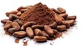 Cocoa ingredients with cocoa beans and cocoa mass isolated on white background. Generative Ai