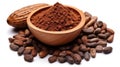 Cocoa ingredients with cocoa beans and cocoa mass isolated on white background. Generative Ai