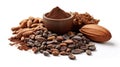 Cocoa ingredients with cocoa beans, fresh cocoa pod and cocoa mass isolated on white background. Generative Ai
