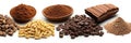 Cocoa ingredients with cocoa beans, fresh cocoa pod and cocoa mass isolated on white background. Generative Ai