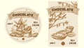 Cocoa leaves, tree and grains vector sketch illustration. Cacao hand drawn badge and banner in vintage style for sweets