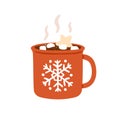 Cocoa with marshmallow in cup. Winter drink, hot chocolate in Christmas mug. Warm sweet Xmas cacao, choco beverage with